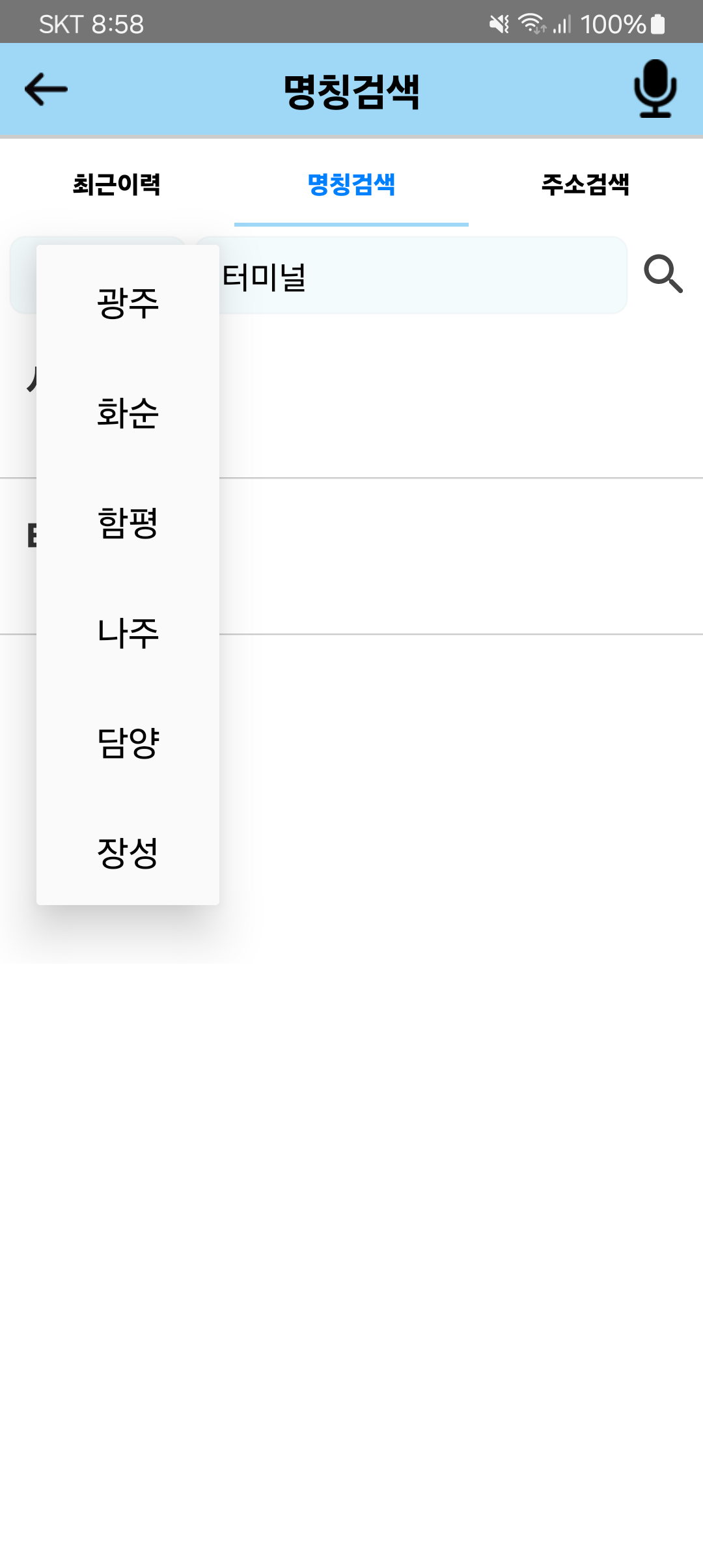 명칭검색 결과 화면